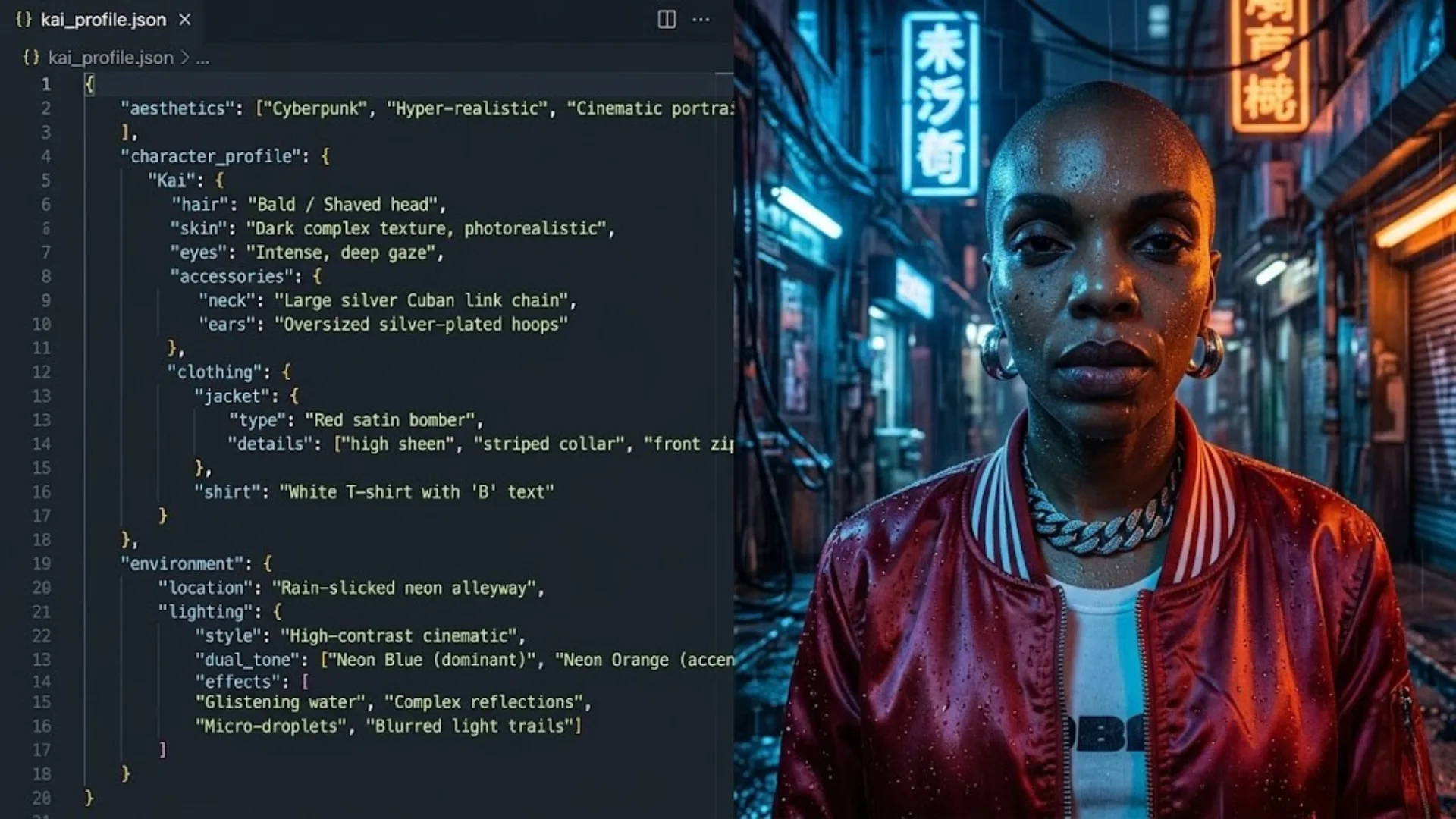 Comparison of structured JSON prompt blueprint versus consistent visual AI output